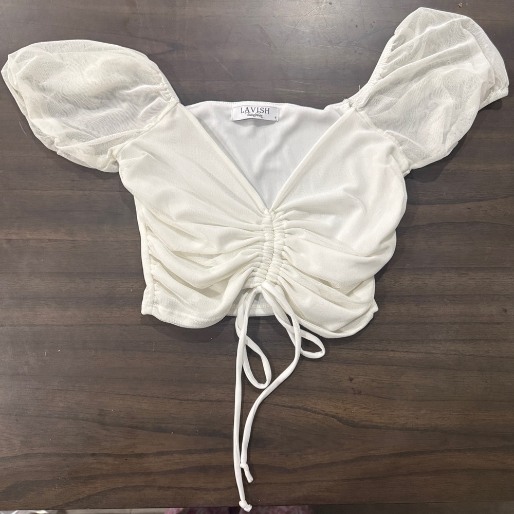 Lavish Cream Ruched Puff Sleeve Blouse